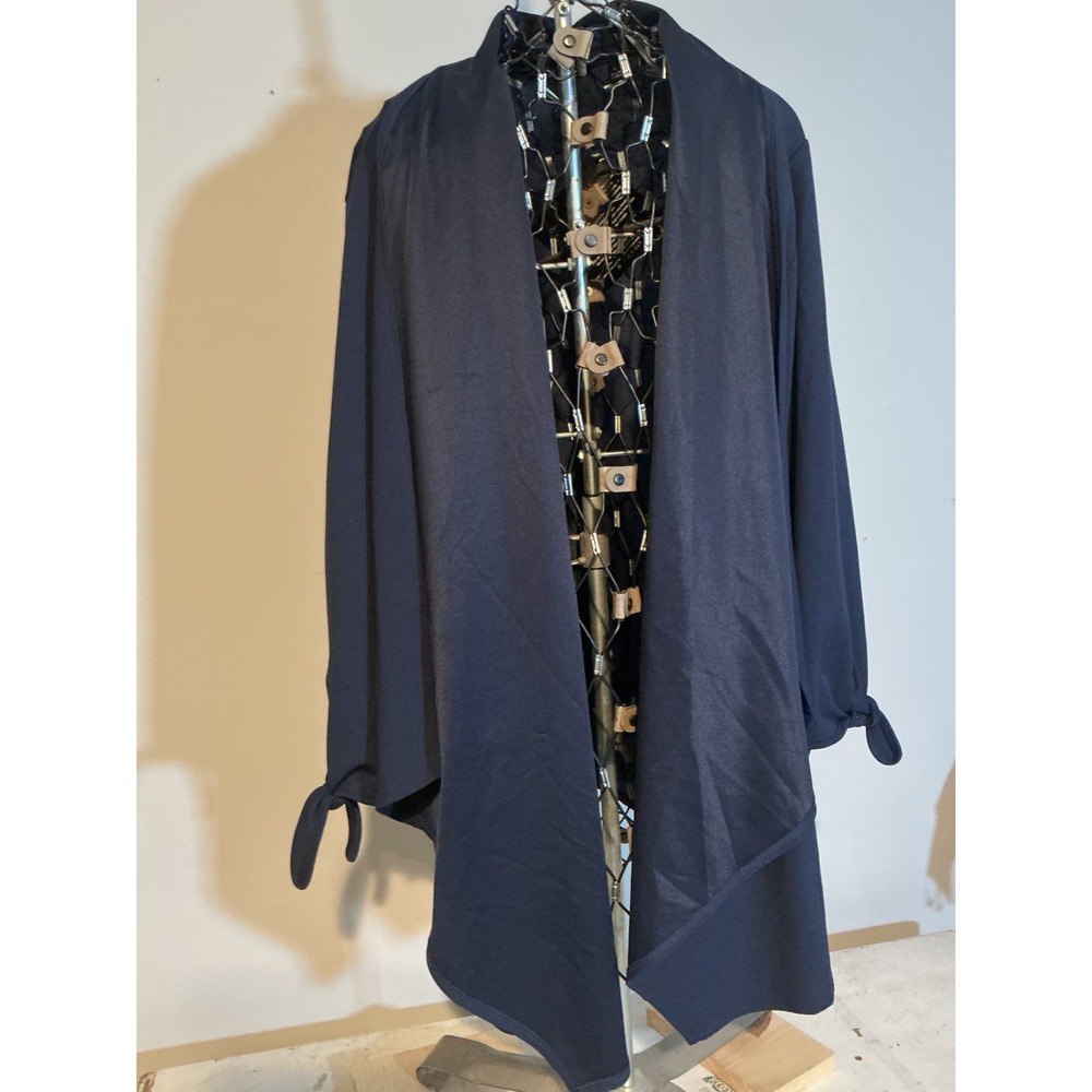 Iman Global Chic Navy Blue Draped Waterfall Open Front Cardigan Tie Cuff Large